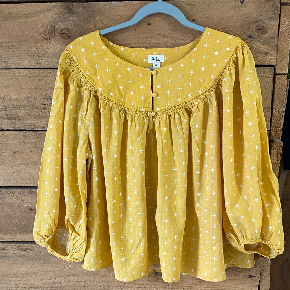 a.n.a Mustard Yellow Peasant Tunic with White Cross Print